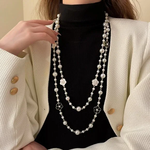 GOLICC Double Layer Long Flower Pearl Necklace - Picture 4 of 7
